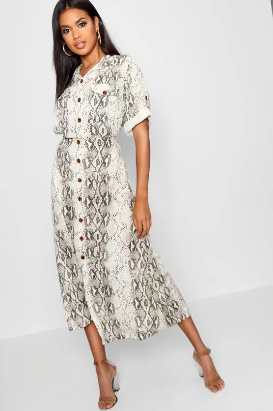 snake print midi dress shirtdress