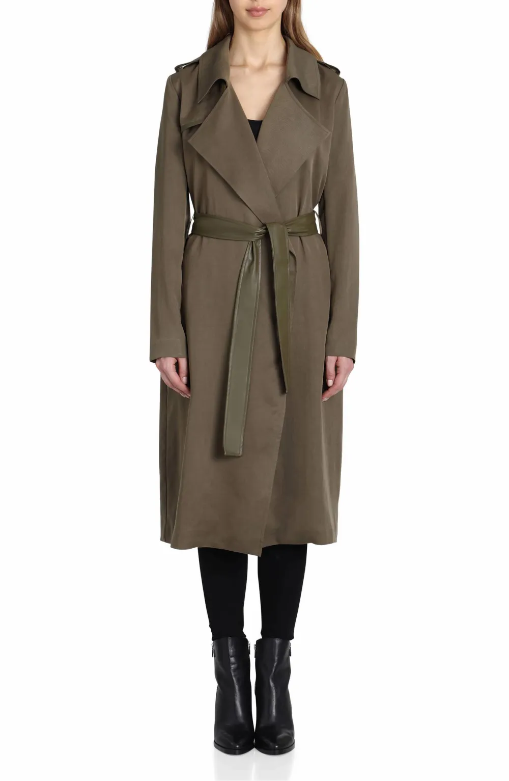Badgley Mischka Faux Leather Trim Long Trench Coat