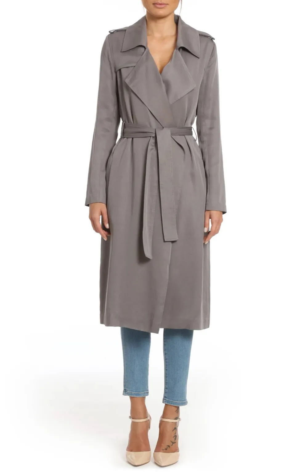 Badgley Mischka Faux Leather Trim Long Trench Coat
