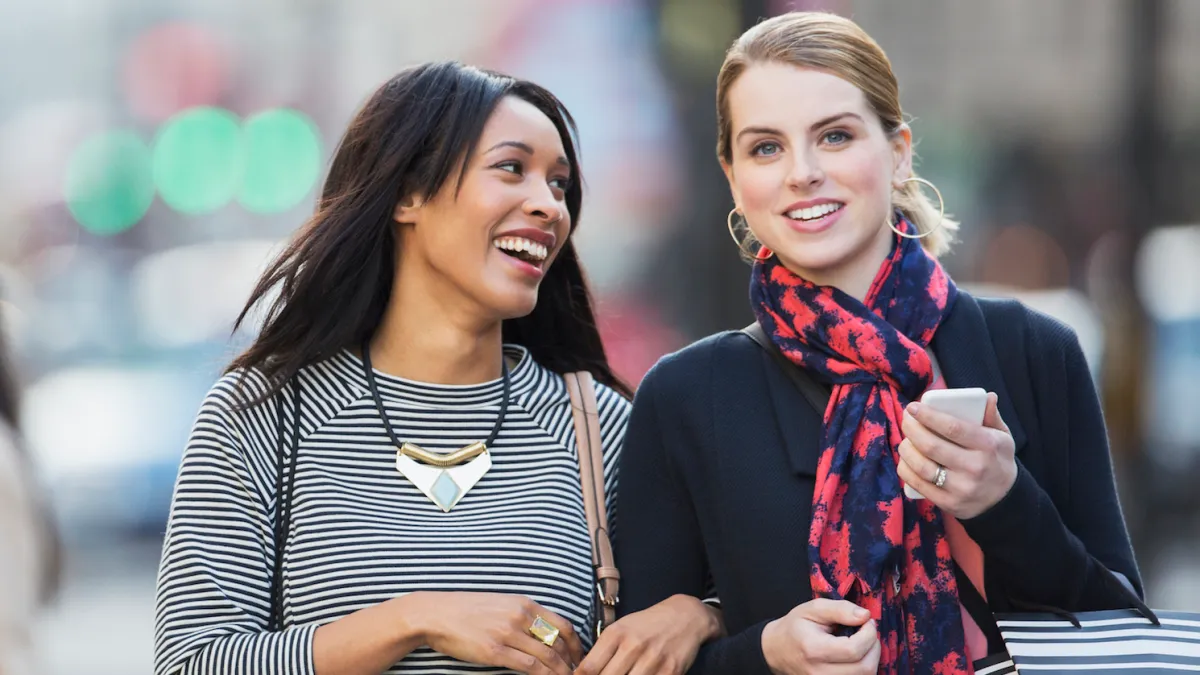 Women walking together down city street