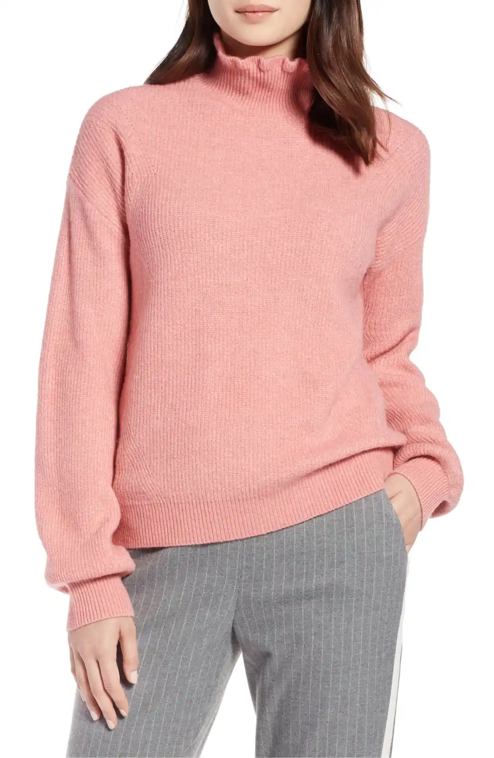 pink turtleneck sweater