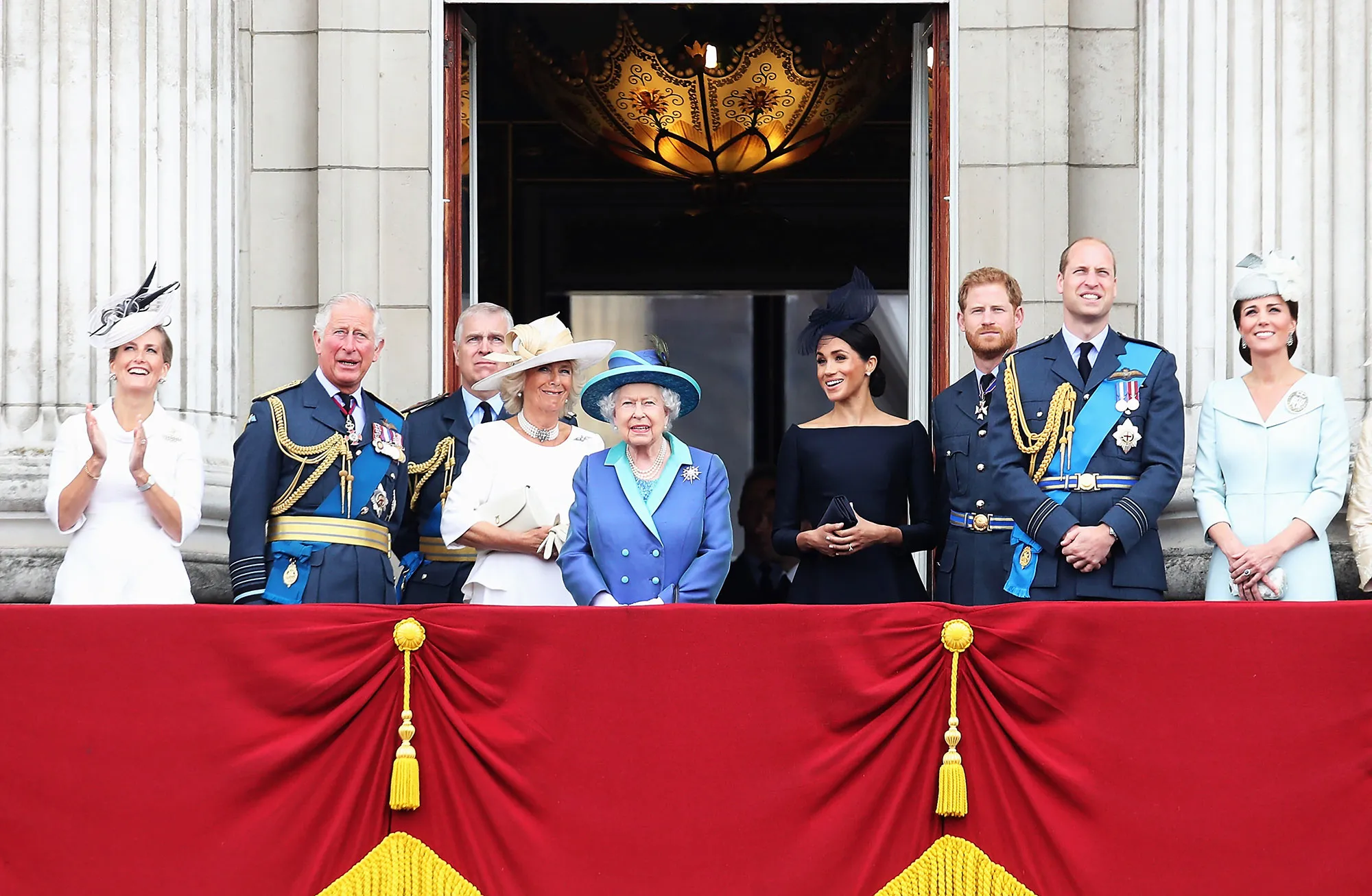 Prince Charles, Prince of Wales, Prince Andrew, Duke of York, Camilla, Duchess of Cornwall, Queen Elizabeth II, Meghan, Duchess of Sussex, Prince Harry, Duke of Sussex, Prince William, Duke of Cambridge and Catherine, Duchess of Cambridge