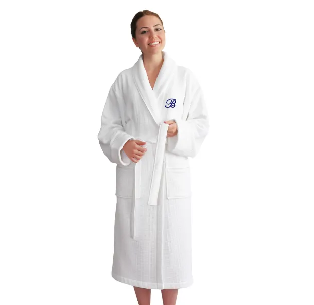 Authentic Hotel and Spa Unisex Navy Blue Monogrammed Turkish Cotton Waffle Weave Terry Bath Robe