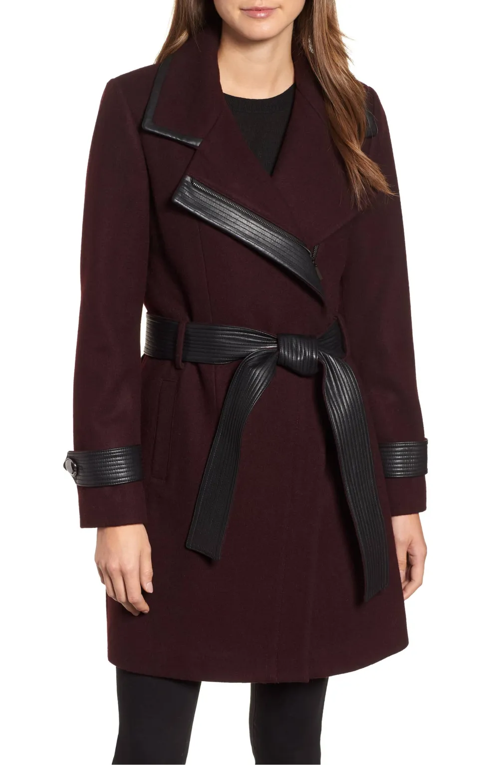Badgley Mischka Faux Leather Trim Wool Blend Coat
