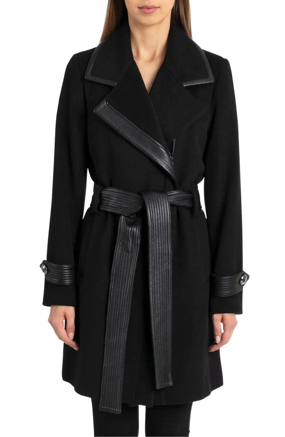 Badgley Mischka Faux Leather Trim Wool Blend Coat