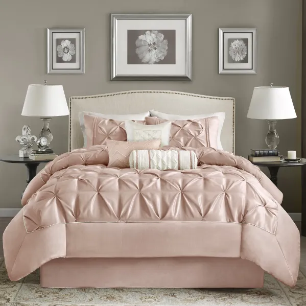 Madison Park Vivian Blush Pieced Pleated 7 Pieces Comforter Set - California King