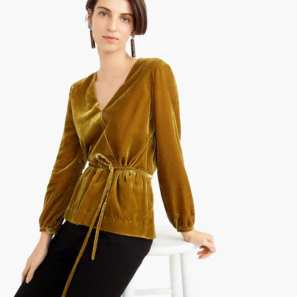 gold velvet faux wrap top in velvet j.crew