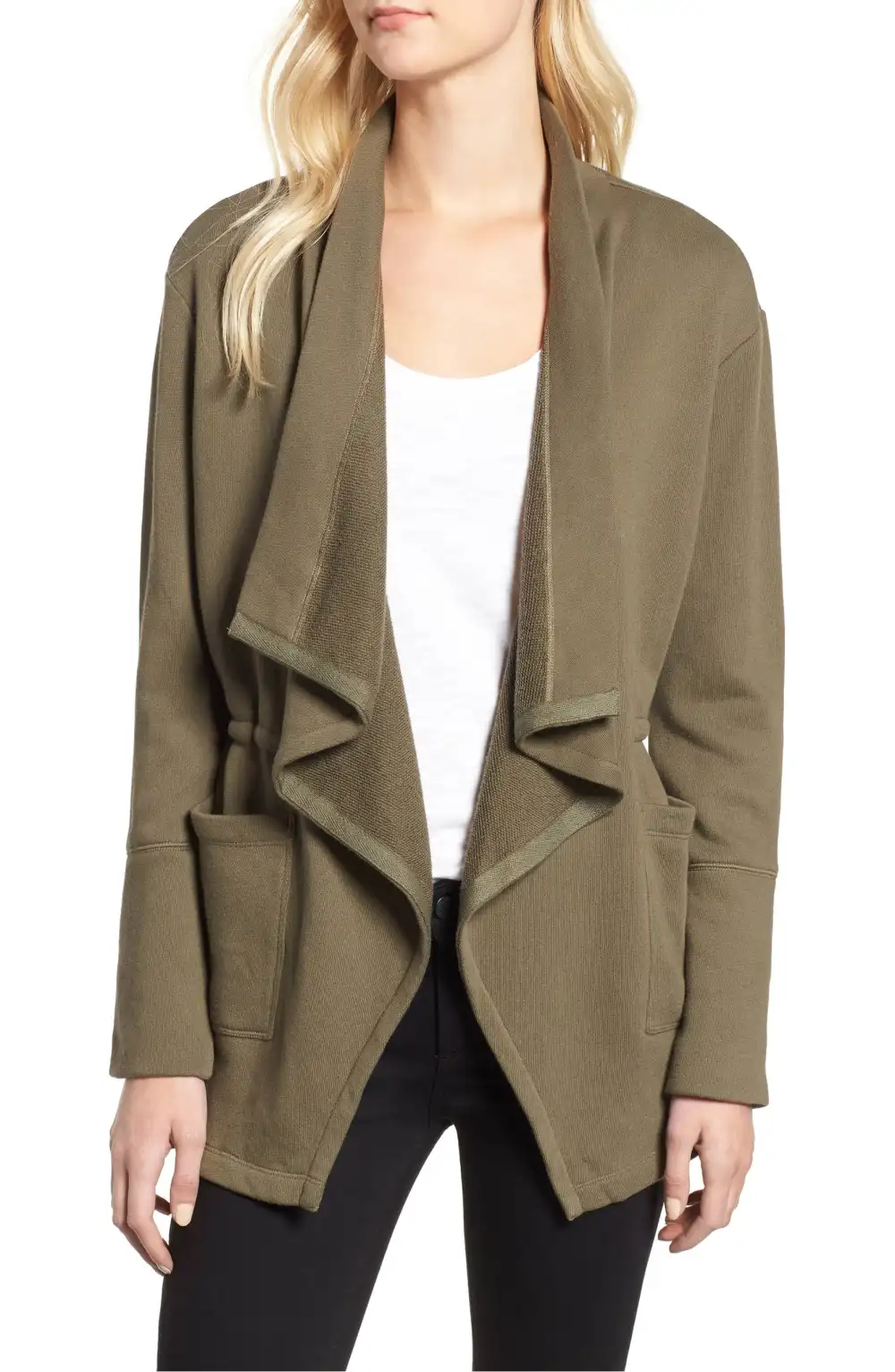 Caslon Asymmetrical Drape Collar Terry Jacket