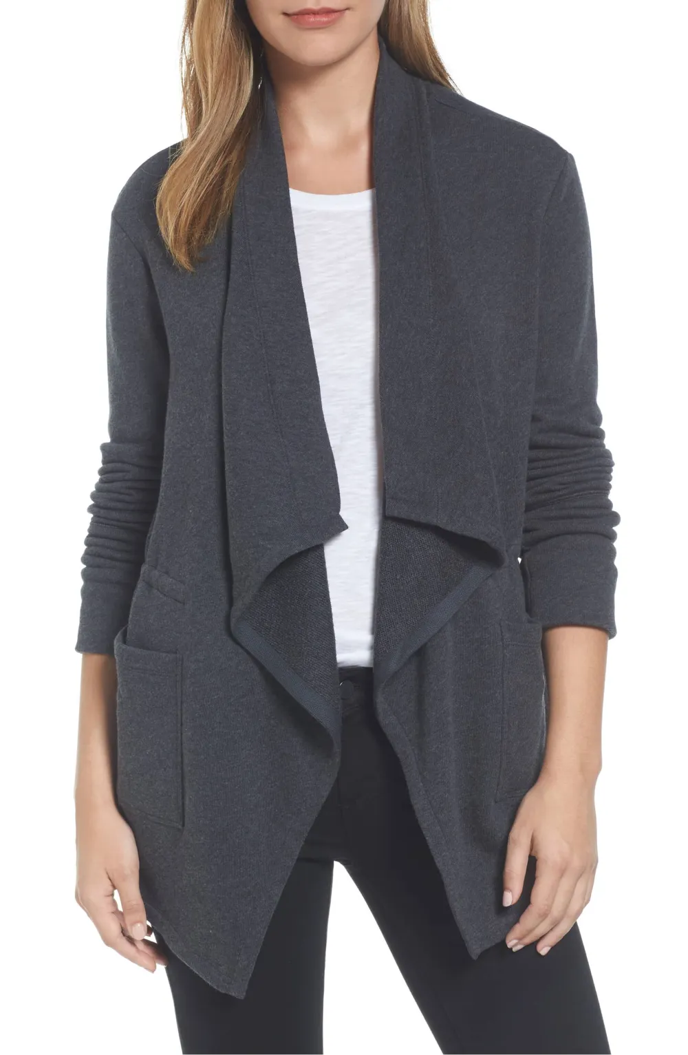 Caslon Asymmetrical Drape Collar Terry Jacket