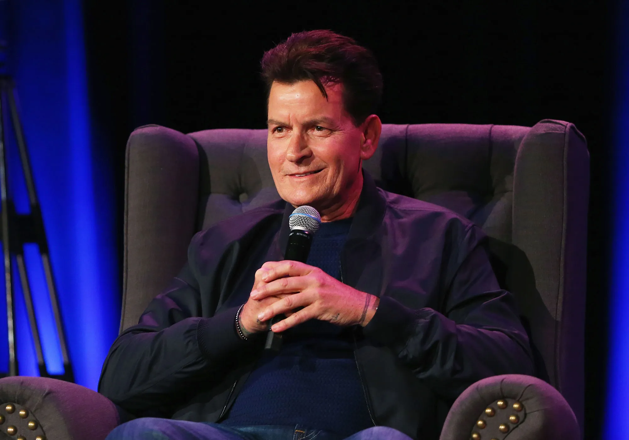 charlie sheen bomber jacket microphone chair