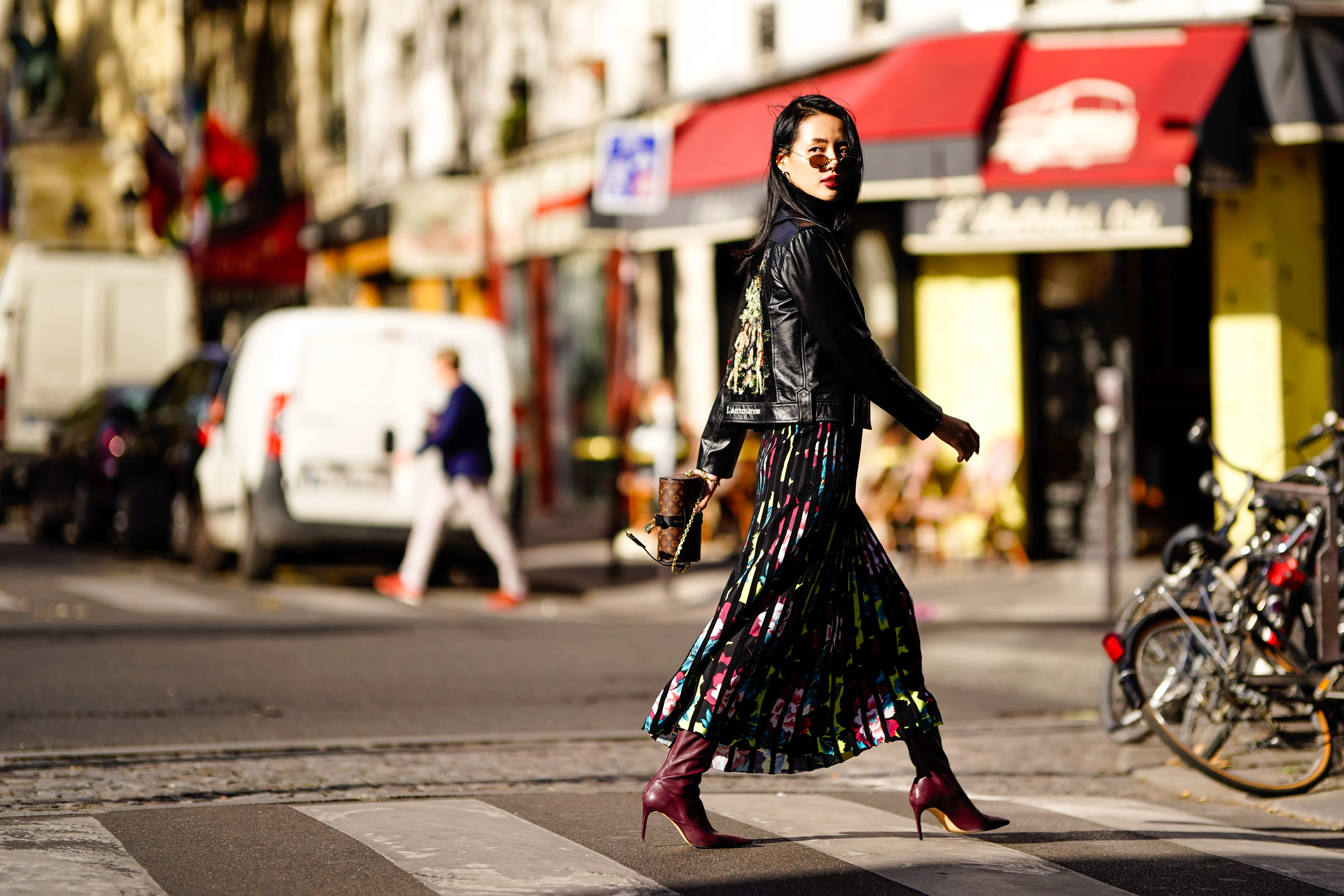 woman in leather jacket