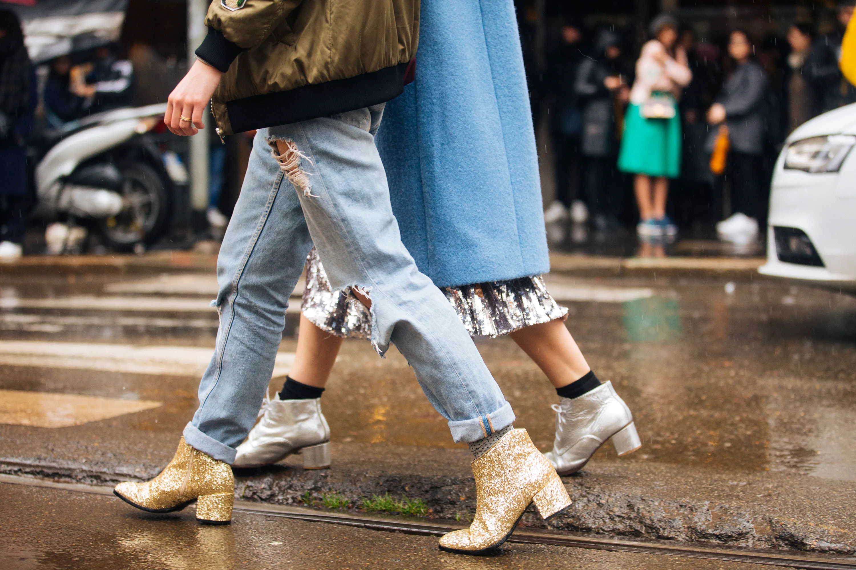 gold ankle booties with glitter
