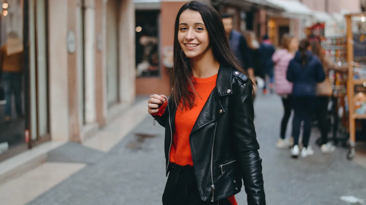 woman in leather jacket