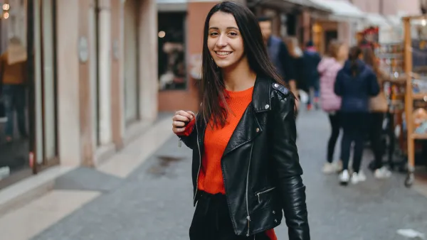 woman in leather jacket