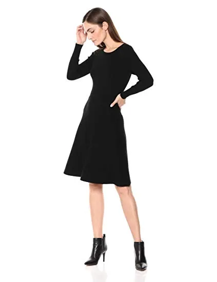 Lark & Ro Women's Long Sleeve Ribbed Crewneck Fit and Flare Sweater Dress