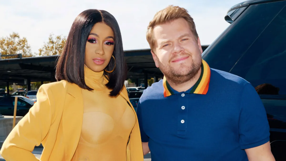 cardi b james corden yellow suit bra