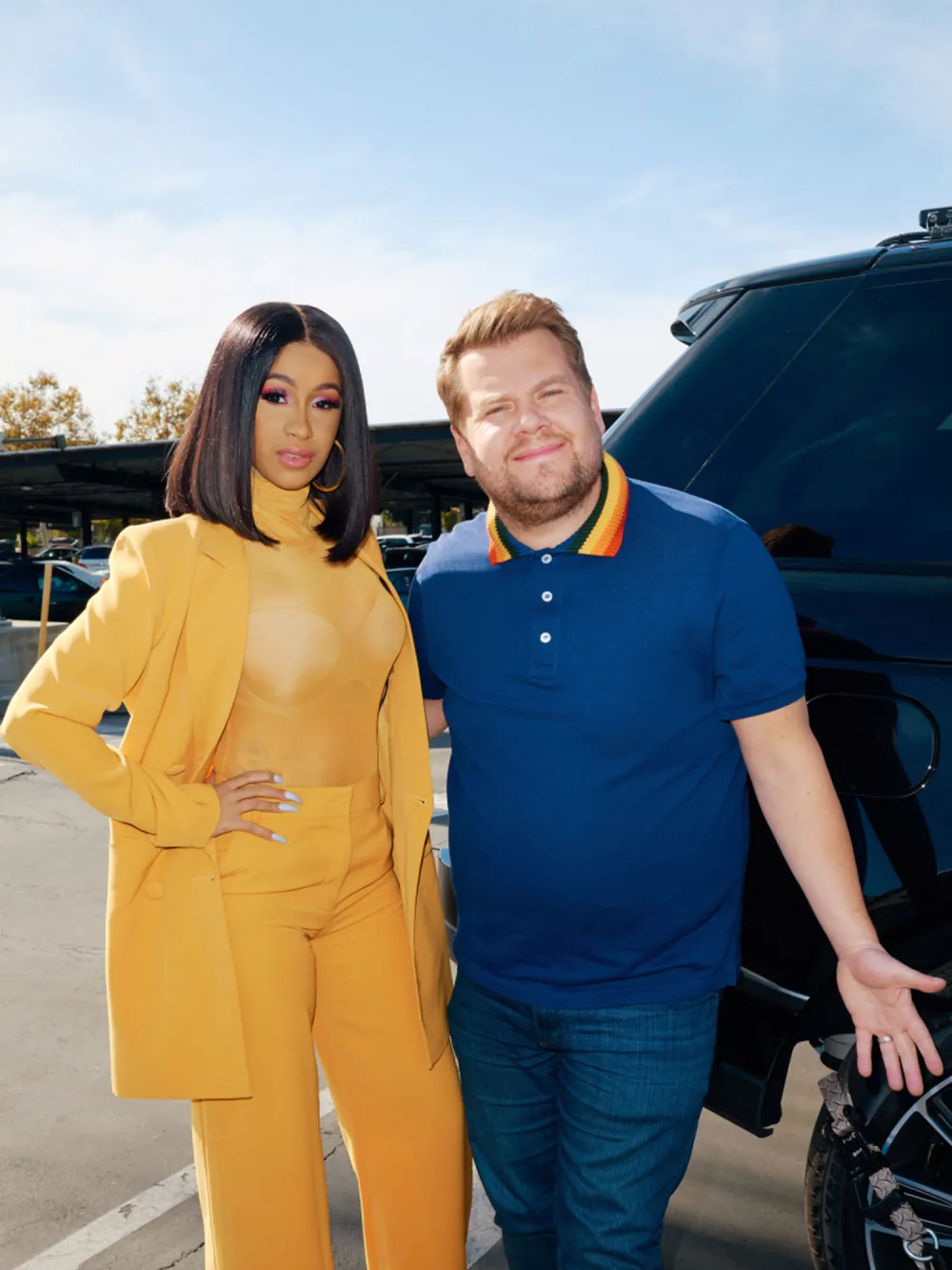 cardi b james corden yellow suit bra