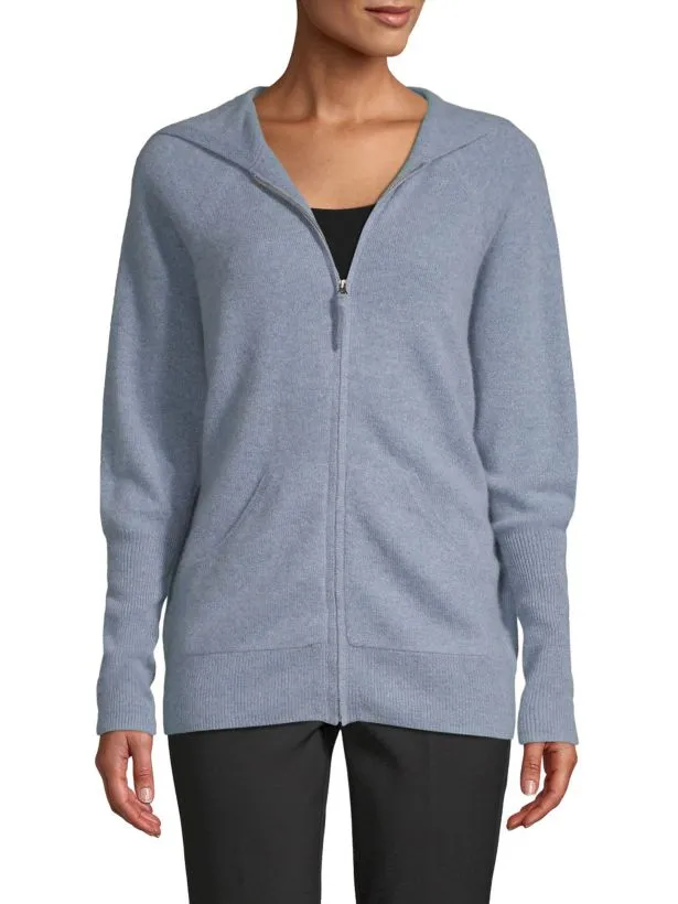 cashmere saks fifth avenue zip front hoodie sweatshirt blue