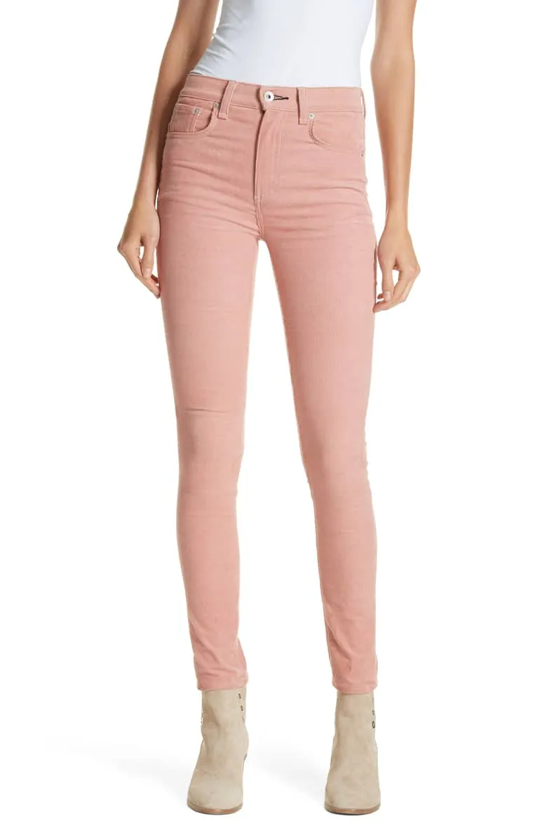 rag & bone high waist corduroy skinny pants in pink