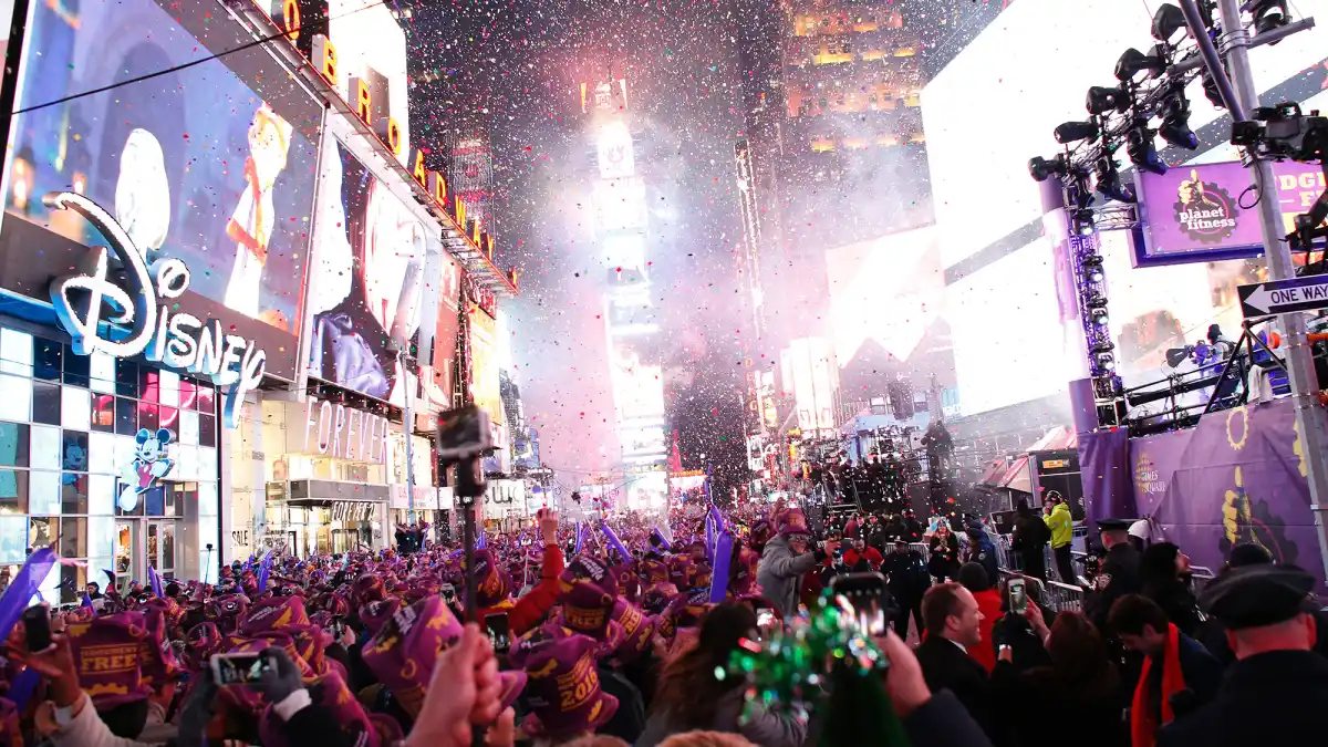 Revelers celebrate after the ball drop during New Year's Eve celebrations in Times Square