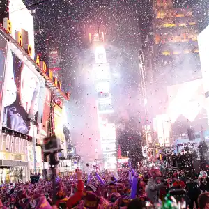 Revelers celebrate after the ball drop during New Year's Eve celebrations in Times Square