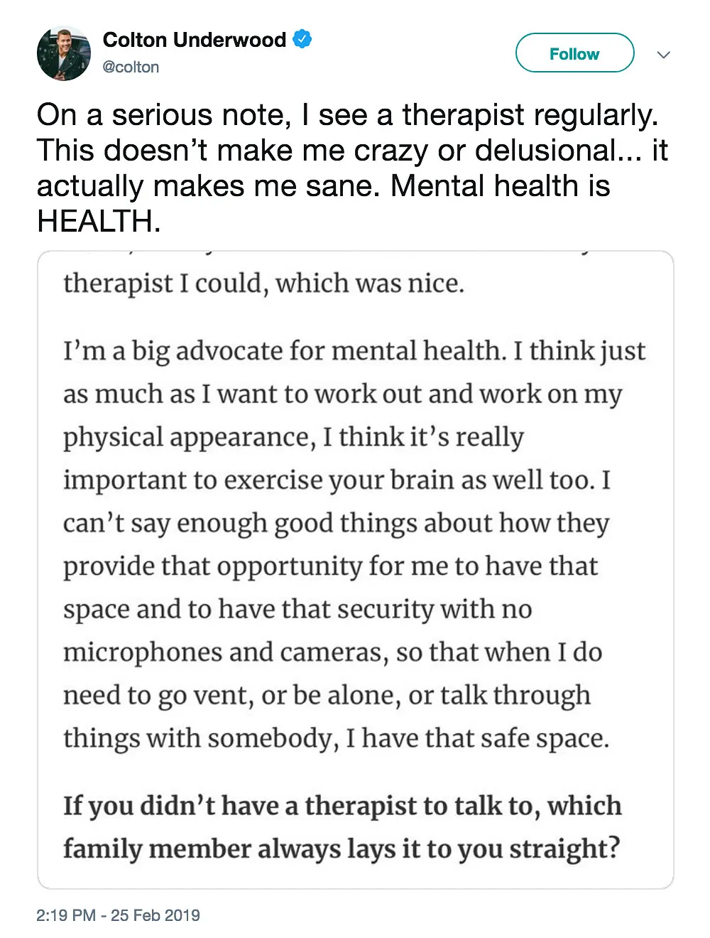 Colton Underwood Reveals He Sees a Therapist &lsquo;Regularly&rsquo;: &lsquo;Mental Health Is Health&rsquo;