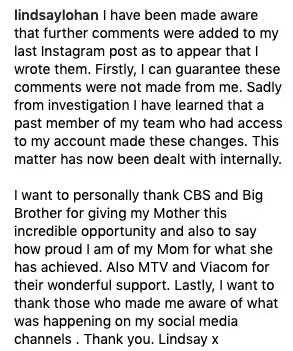 Lindsay Lohan Denies Slamming CBS After Dina's 'Big Brother' Stint