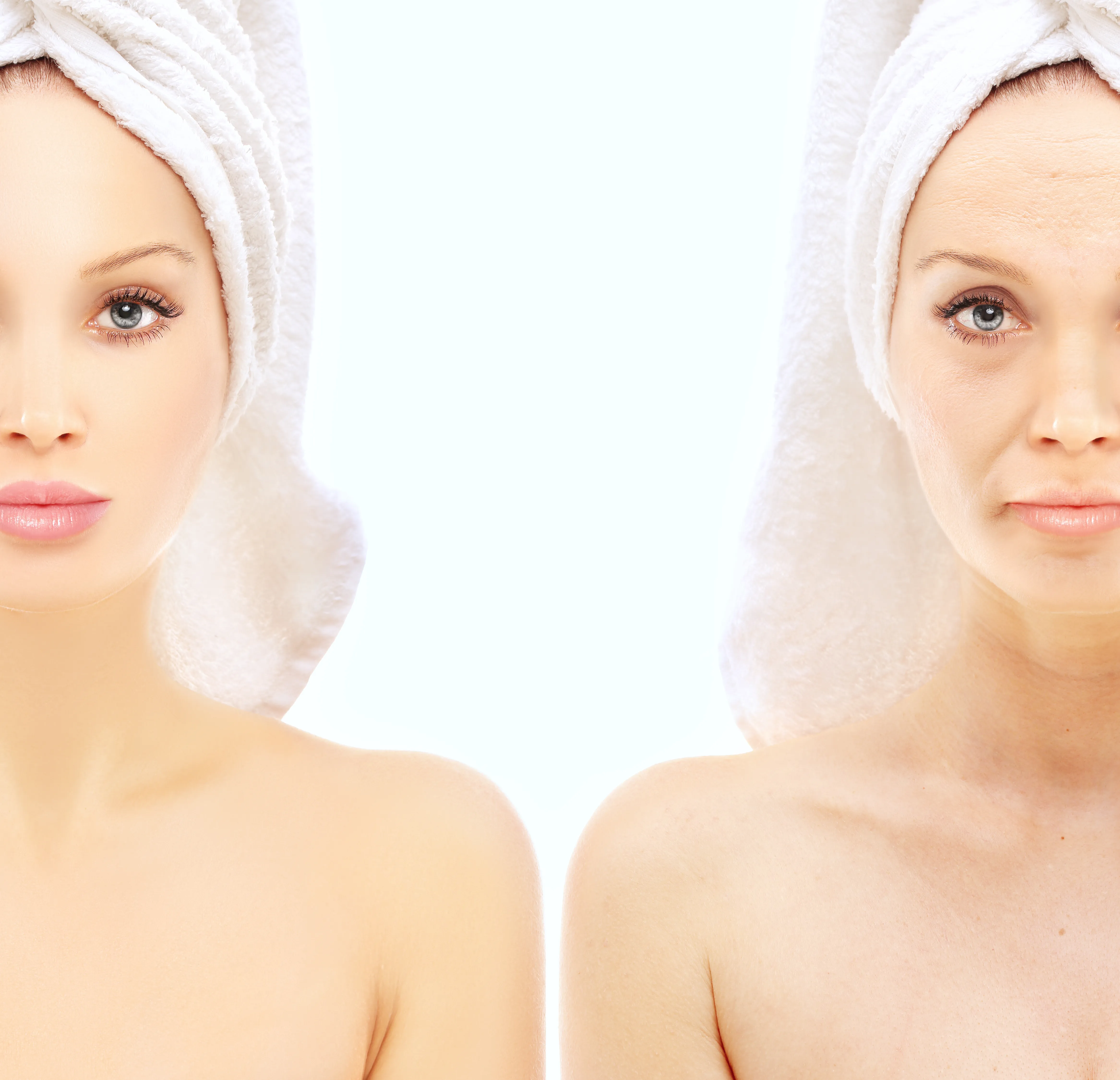 Concept of aging /skin care. face of young woman and woman with wrinkles