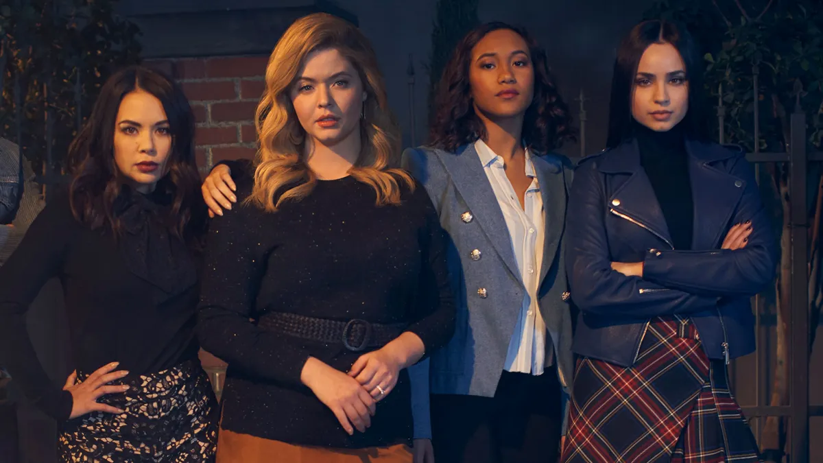 Janel Parrish as Mona, Sasha Pieterse as Alison, Sydney Park as Caitlin, and Sofia Carson as Ava. Pretty Little Liars Fans Can Get a Free Makeup Application to Celebrate New Series The Perfectionists