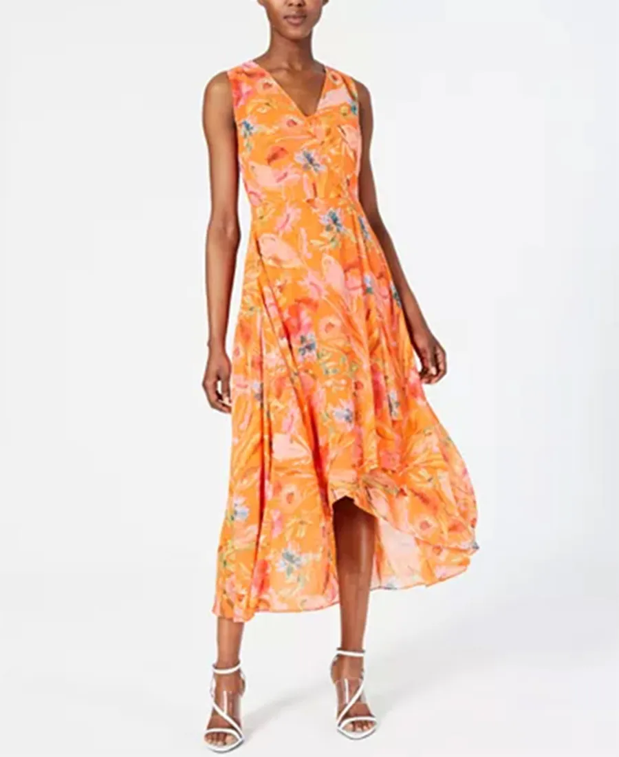 Calvin Klein Floral-Print High-Low Wrap Maxi Dress