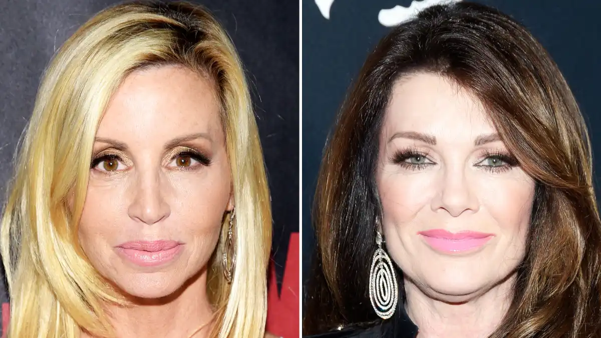 Camille Grammer Lisa Vanderpump Real Housewives of Beverly Hills black and white dress black coat dangling earrings