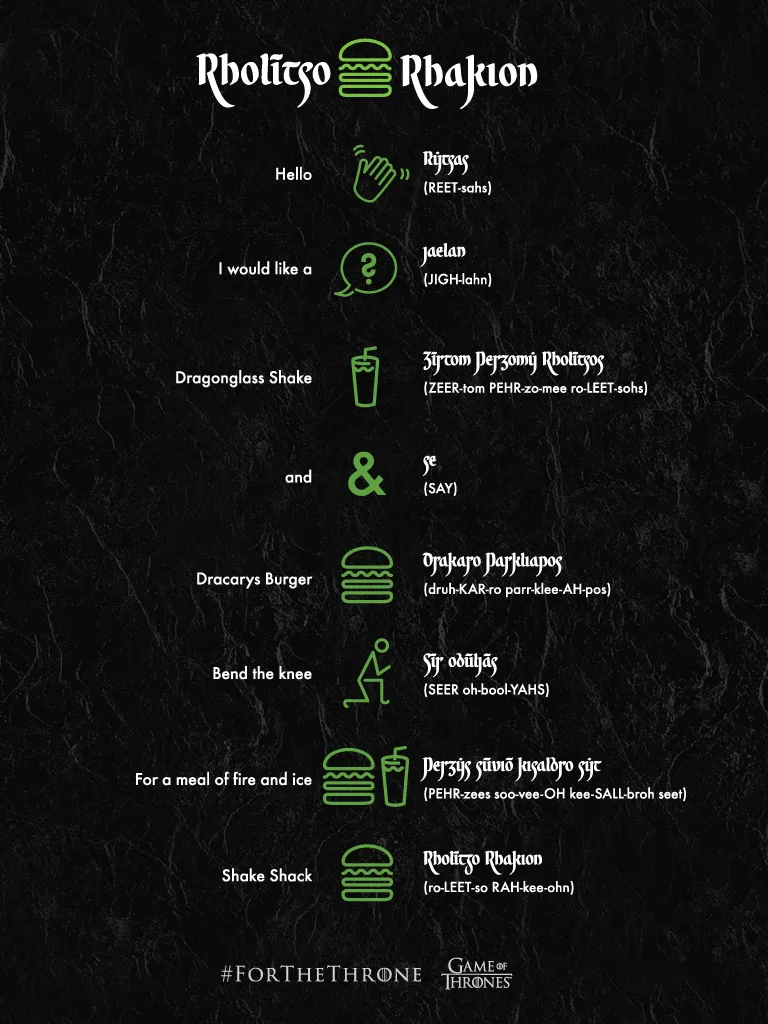 Game of Thrones Shake Shack Menu