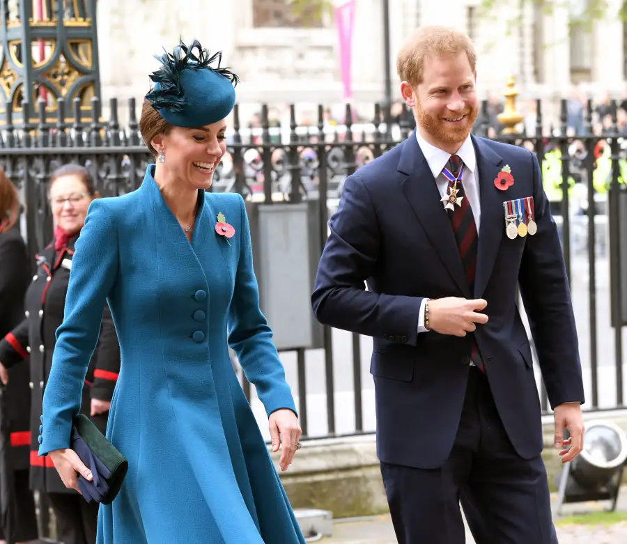 Prince Harry and Duchess Kate Make Joint Appearance at Westminster Abbey Smiling Blue Dress Navy Suit