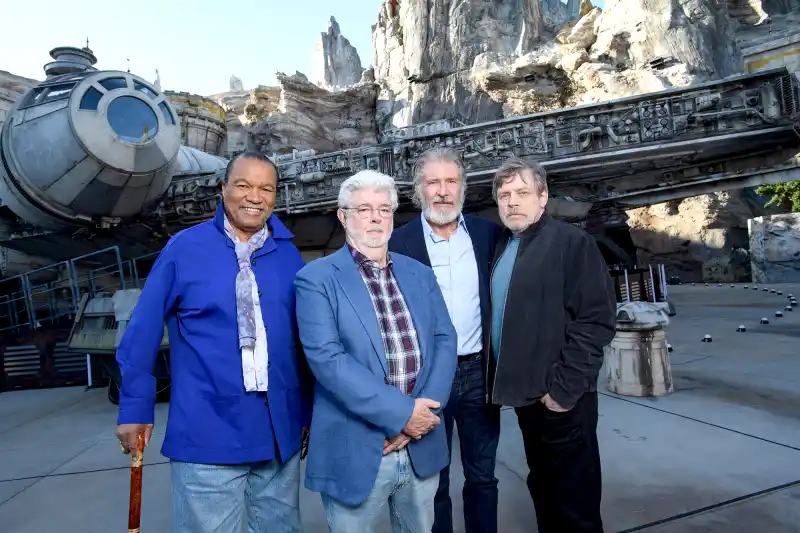 Billy-Dee-Williams,-George-Lucas,-Harrison-Ford-and-Mark-Hamill