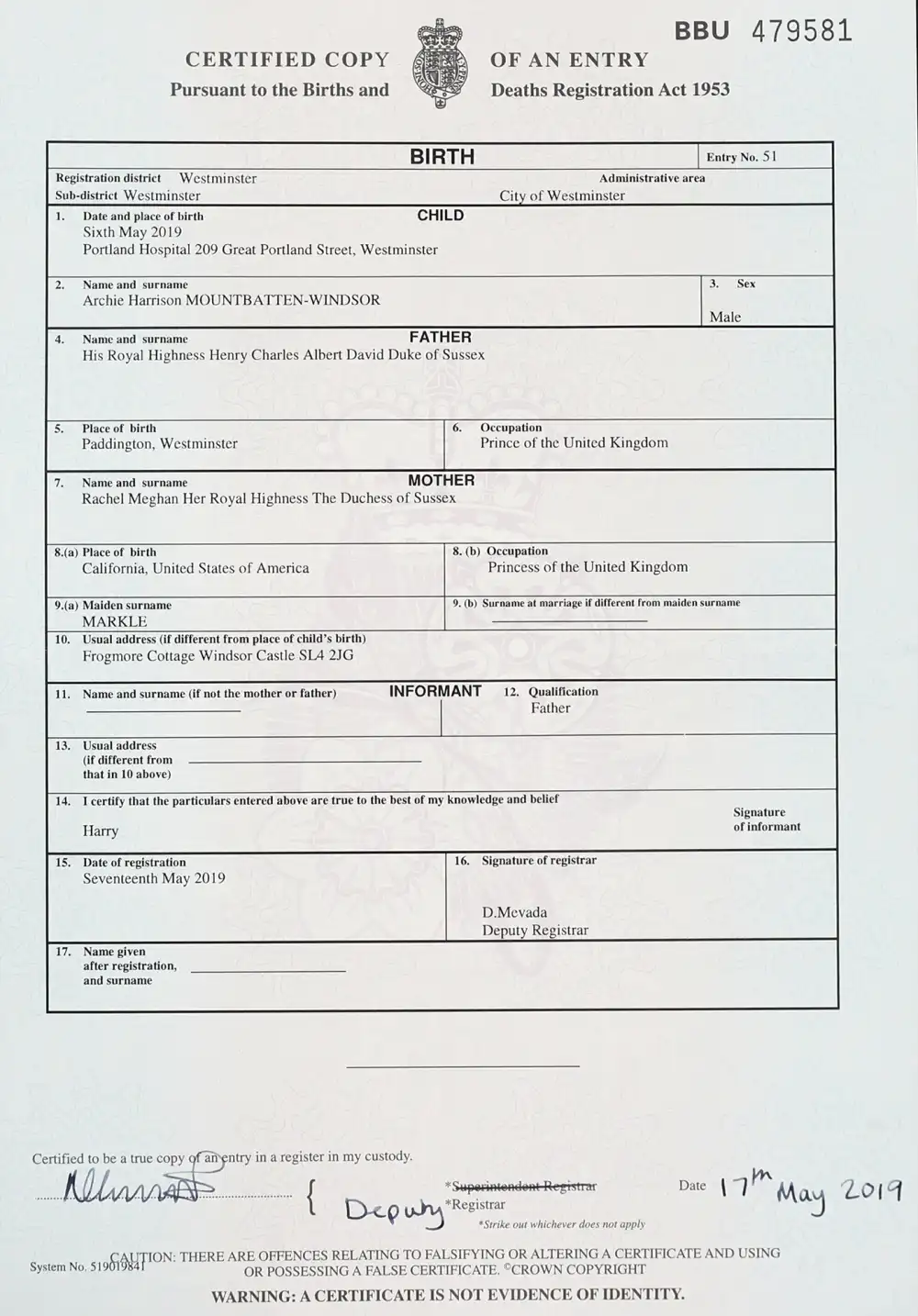 Royal Baby Archie&rsquo;s Birth Certificate Reveals Where Duchess Meghan Gave Birth