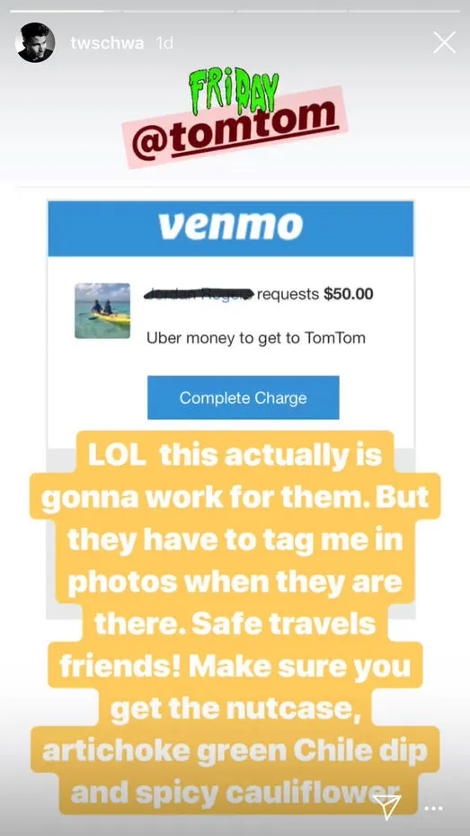 Tom Schwartz Paid for Fan's Uber to Tom Tom After Getting Venmo Request Instagram Story