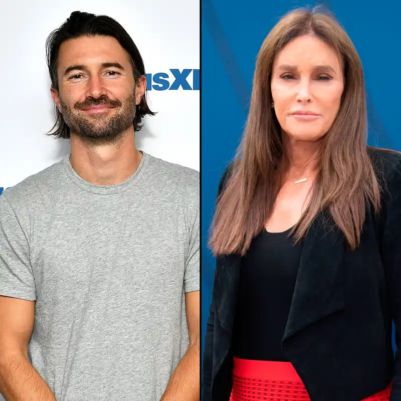 Brandon Jenner Wearing A Grey T Shirt Ashamed of Last Name and Caitlyn Jenner Wearing A Black Shirt and Jacket With Red Skirt