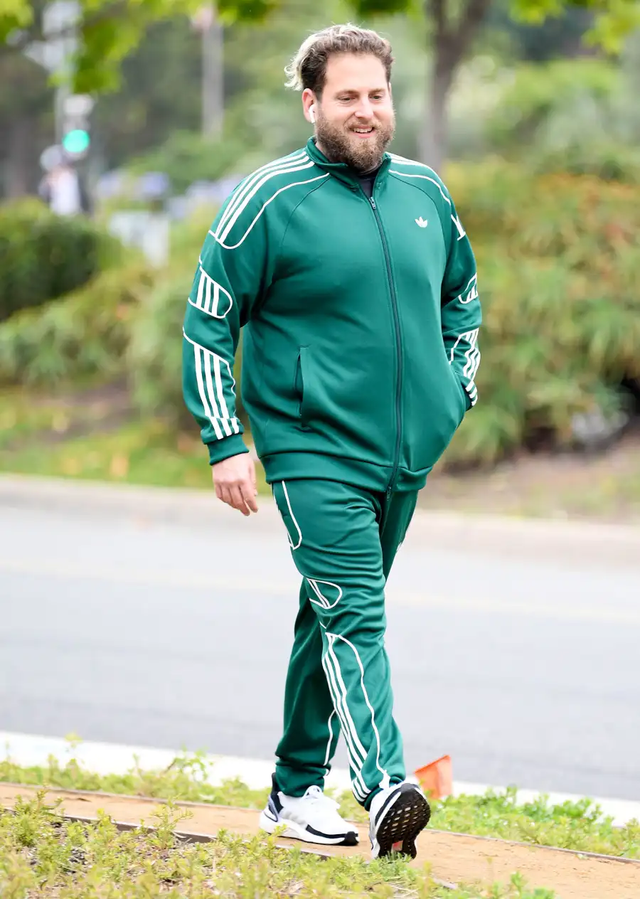 Jonah Hill Working Out Wearing Green Sweat Pants and Sweatshirt Full Beard