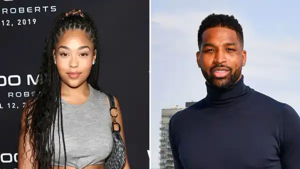 Jordyn Woods Wearing A Grey Dress and Tristan Thompson Wearing a Blue Turtleneck on a RoofTop Cheating Scandal KUWTK