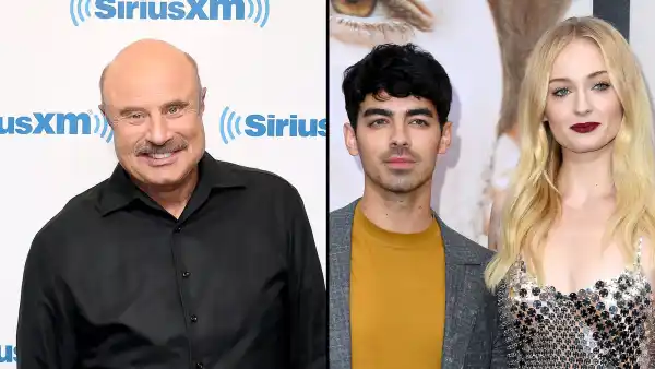 Dr. Phil McGraw Wearing All Black and Joe Jonas Wearing A Yellow Shirt with Grey Pants and Jacket and Sophie Turner Wearing A Sparkly Dress
