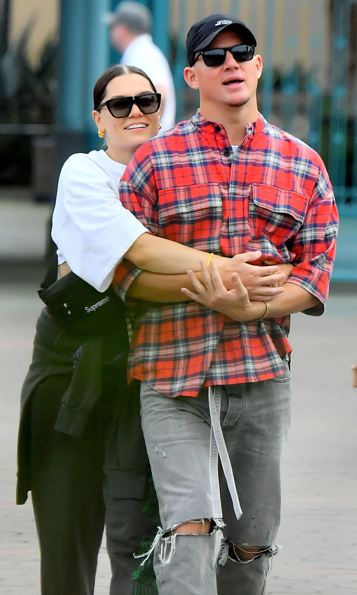Jessie J and Channing Tatum Wearing Sunglasses, Flannel Shirt, Baseball Hat Ripped Jeans in Disney Land