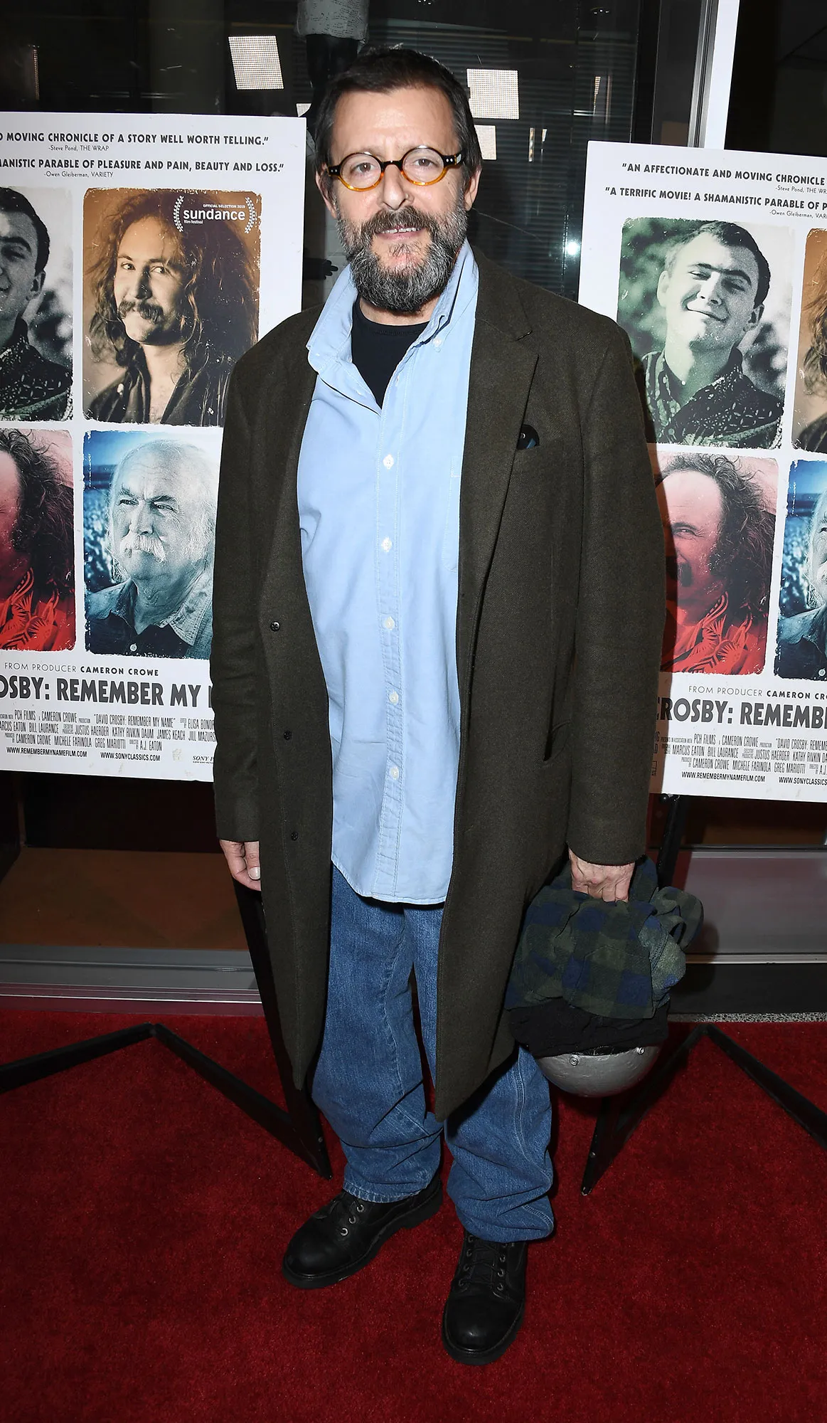 Judd Nelson Breakfast Club David Crosby Long Coat Blue Jeans Blue Button Down Shirt Full Beard Glasses