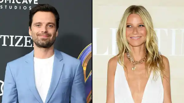 Sebastian Stan Light Blue Jacket and Pants with White Shirt and Gwyneth Paltrow White Low Cut Dress and Gold Belt