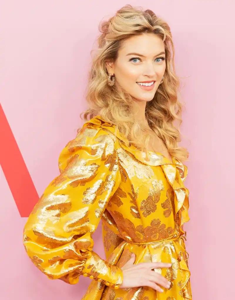 Martha Hunt wearing dress by Monique Lhuillier attends 2019 CFDA Fashion Awards Taylor Swift vs Scooter Braun