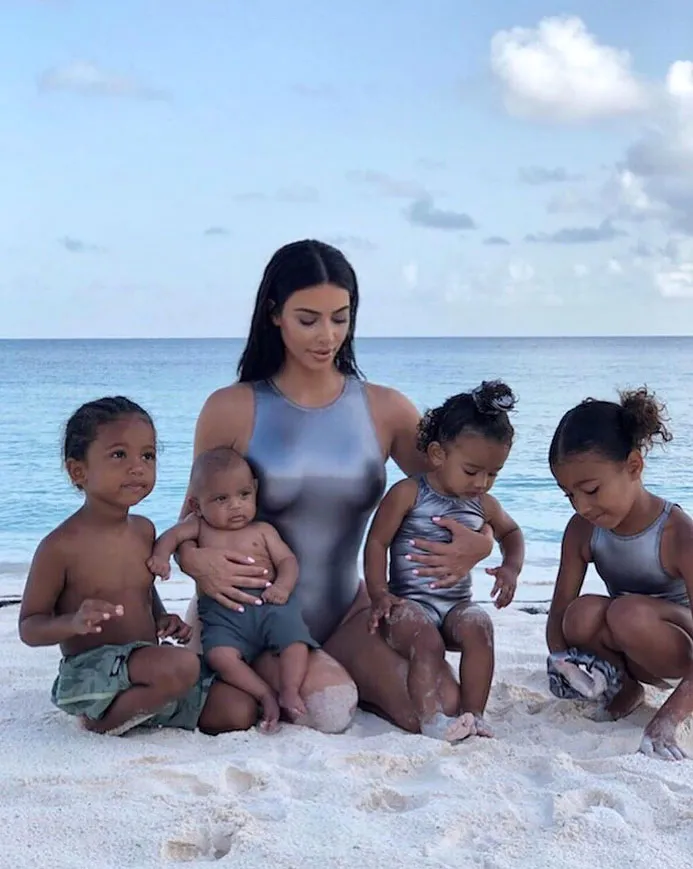 Kim Kardashian Beach With Kids Instagram Metallic Bathing Suits