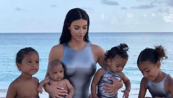 Kim Kardashian Beach With Kids Instagram Metallic Bathing Suits