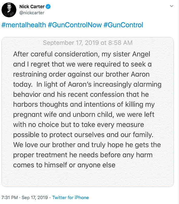 Nick Carter Files Restraining Order Against Brother Aaron Carter