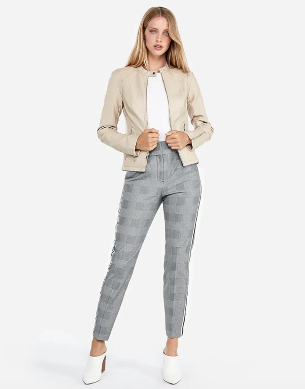 Express Vegan Leather Double Peplum Jacket Beige