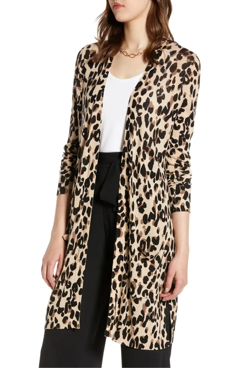 Halogen Long Linen Blend Cardigan leopard