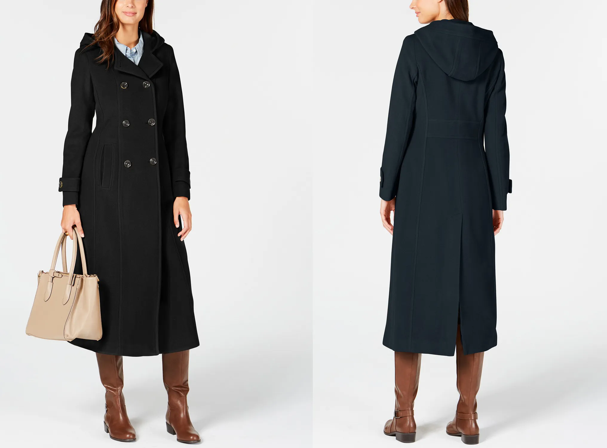 Anne Klein Double-Breasted Hooded Coat (Black/Navy)